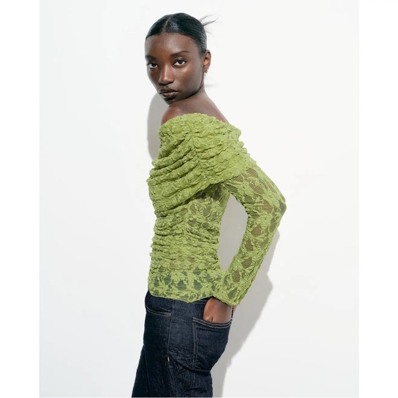 ZARA Off-Shoulder Pistachio Lace Top — Semi Sheer, Ruched, (Sz M, Fits S) - Picture 3 of 10